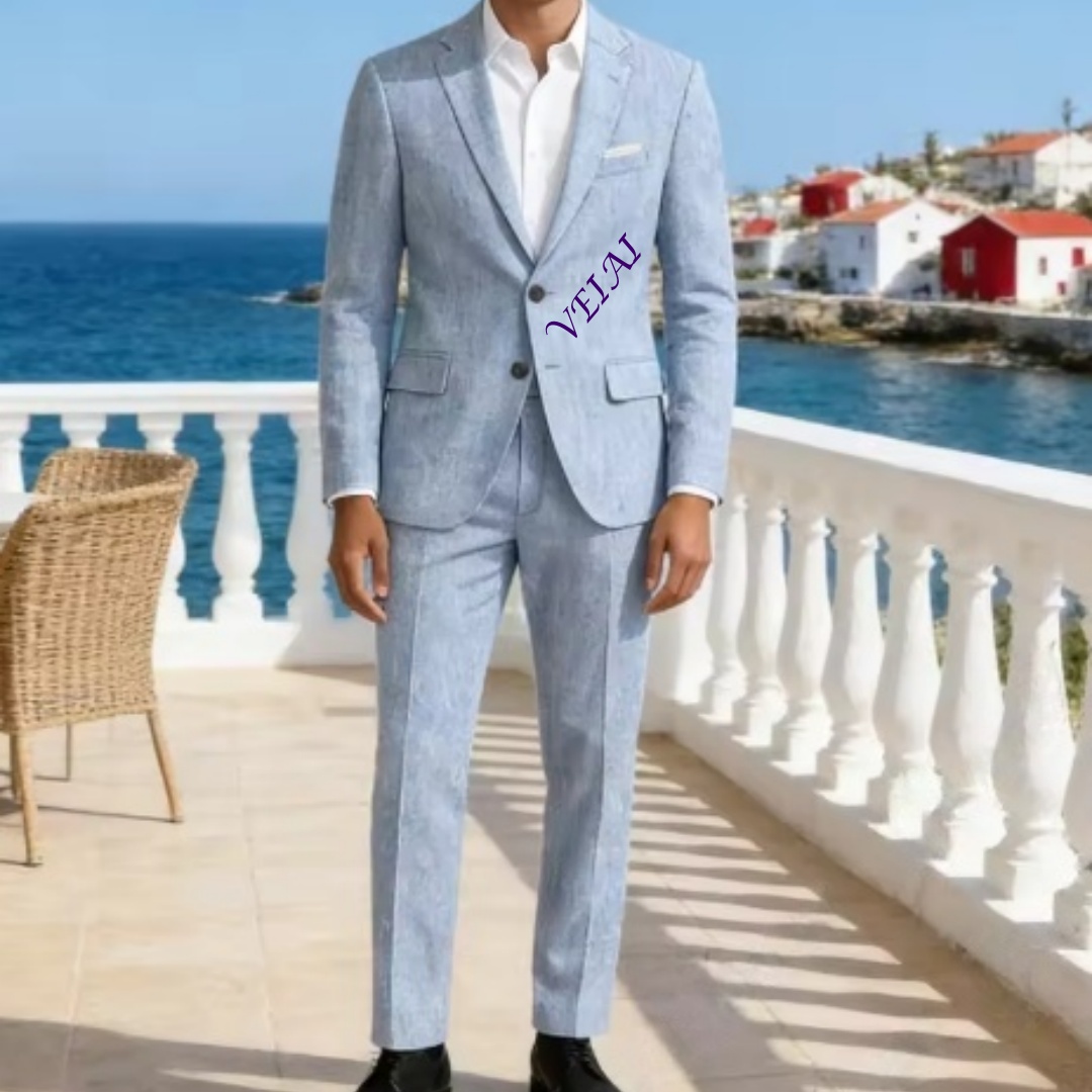 Men'S Formal Wear For A Wedding - Customized Soft Sky Blue Linen 2PCS