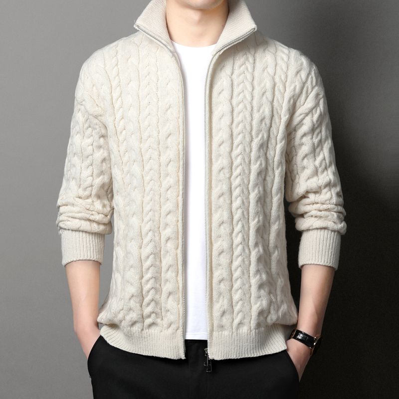 Men Formal Wear Coat - Men Stand Collar Cable Knit Full