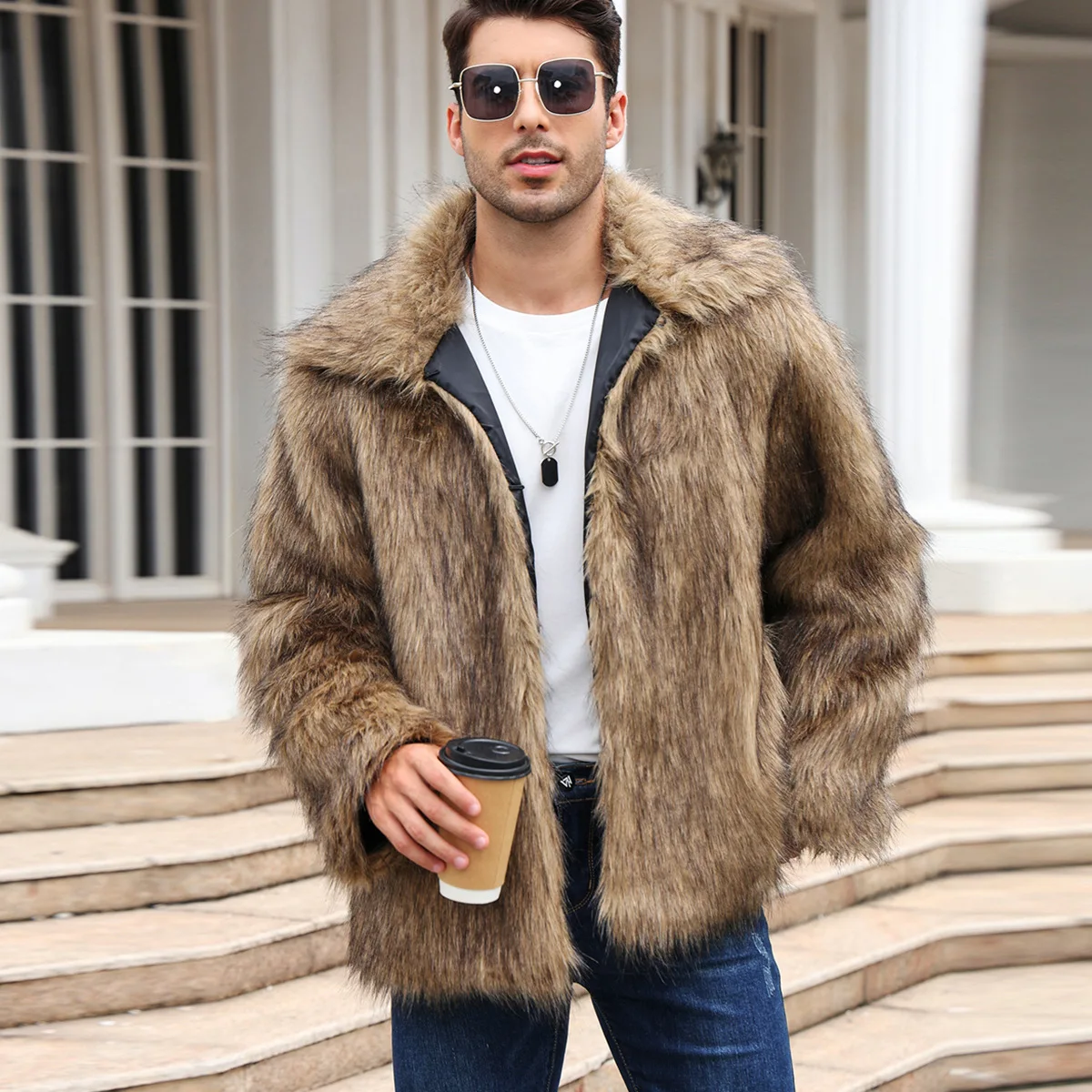 Men Formal Wear Coat - Men Faux Fox Fur Jacket Coat